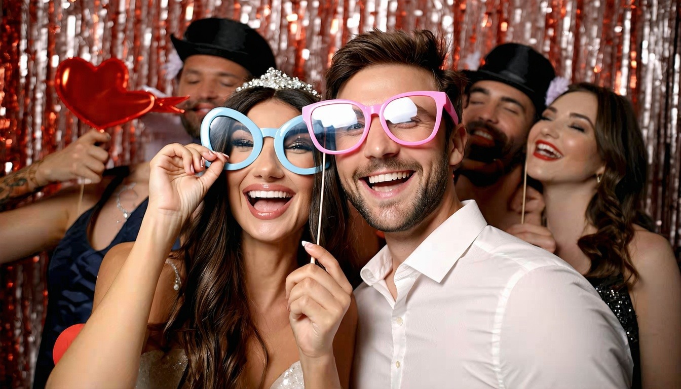 A joyful couple and their guests posing with fun p